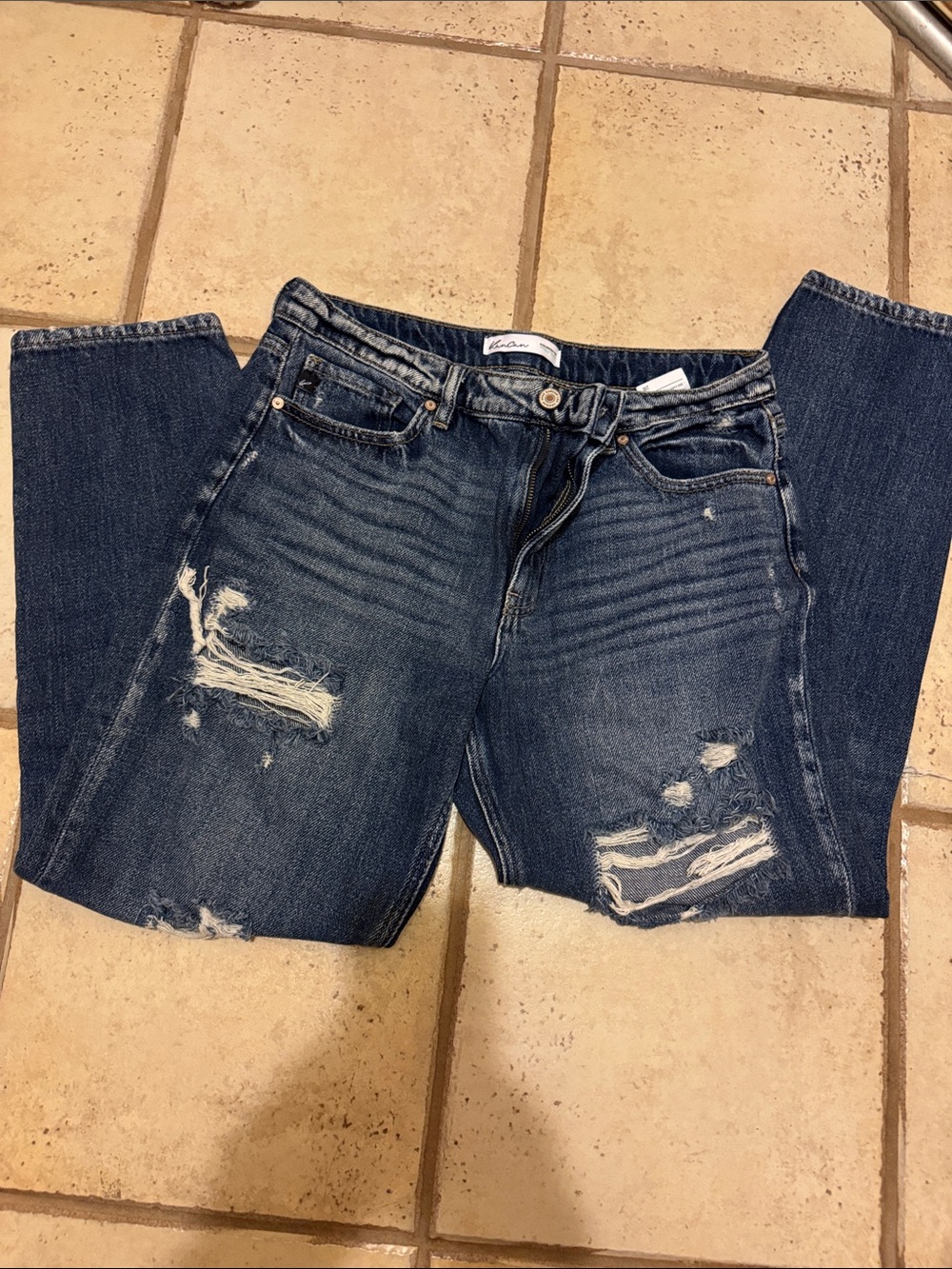 KanCan Dark Blue Distressed Straight Leg Jeans